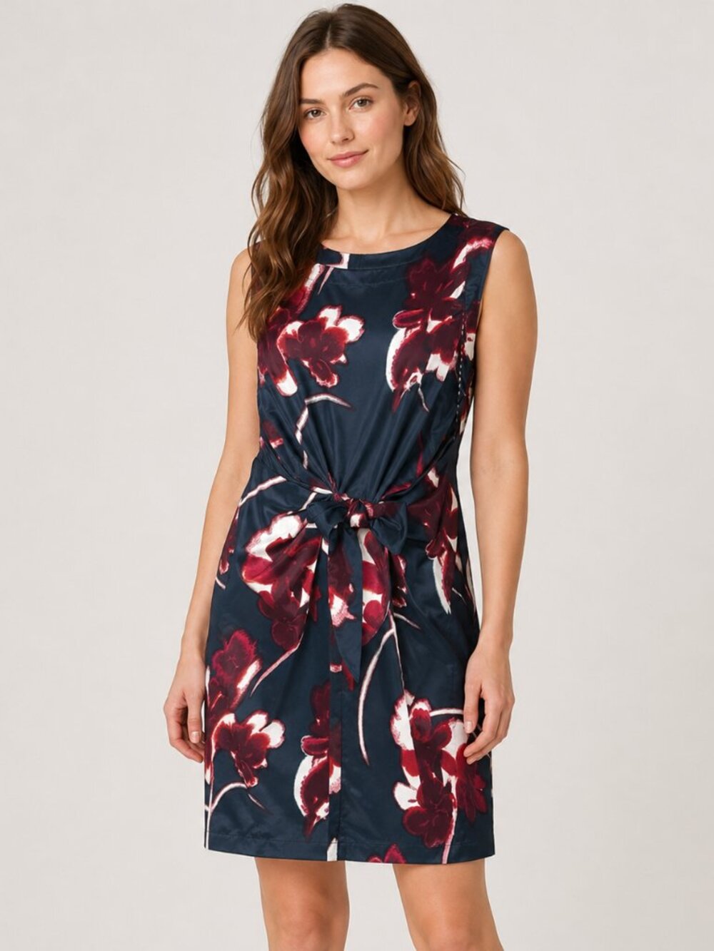 Ann Taylor Sheath Dress 6 Navy Blue Floral Satin Sleeveless Bow Tie Waist Party